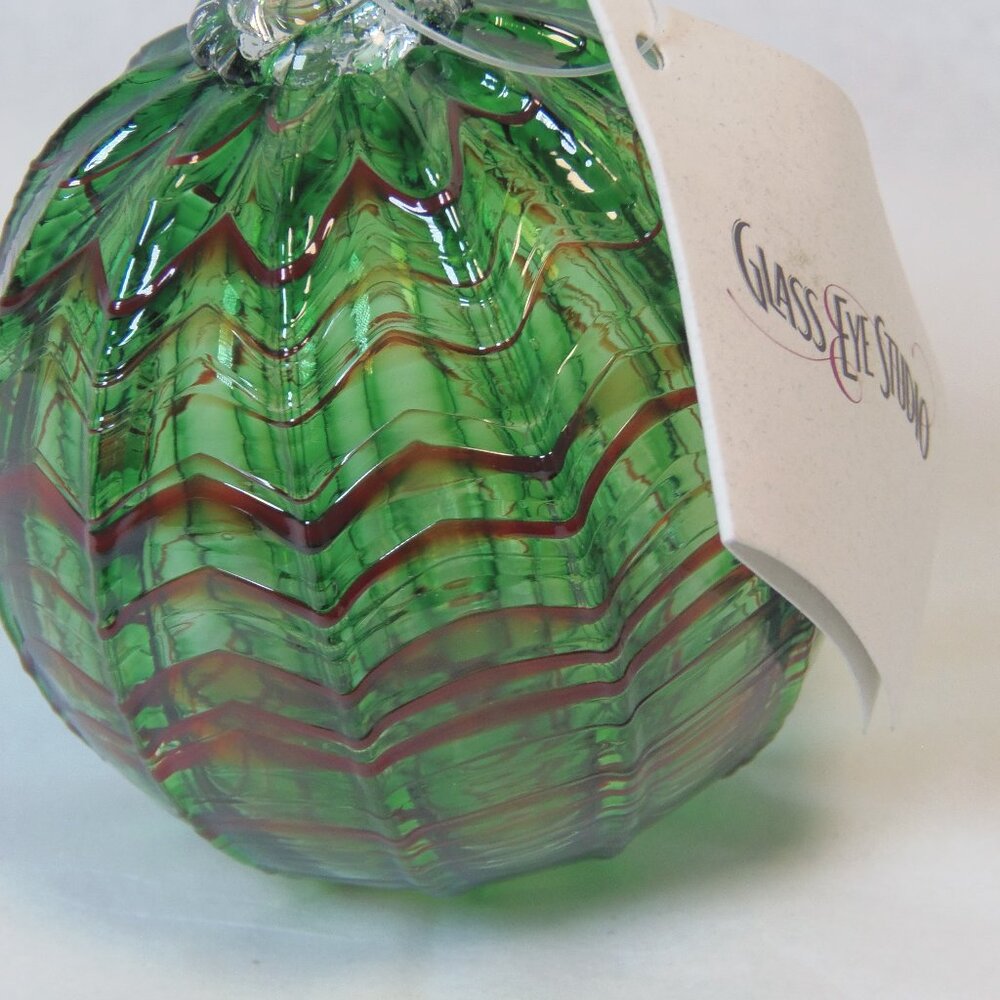 Vintage The Glass Eye Mt St Helens Ash Glass Ornament Card Green w/Red Stripes